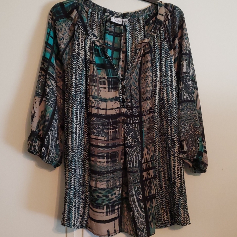 EUC Kim Rogers Green/Blk Sz 1X Peasant Blouse